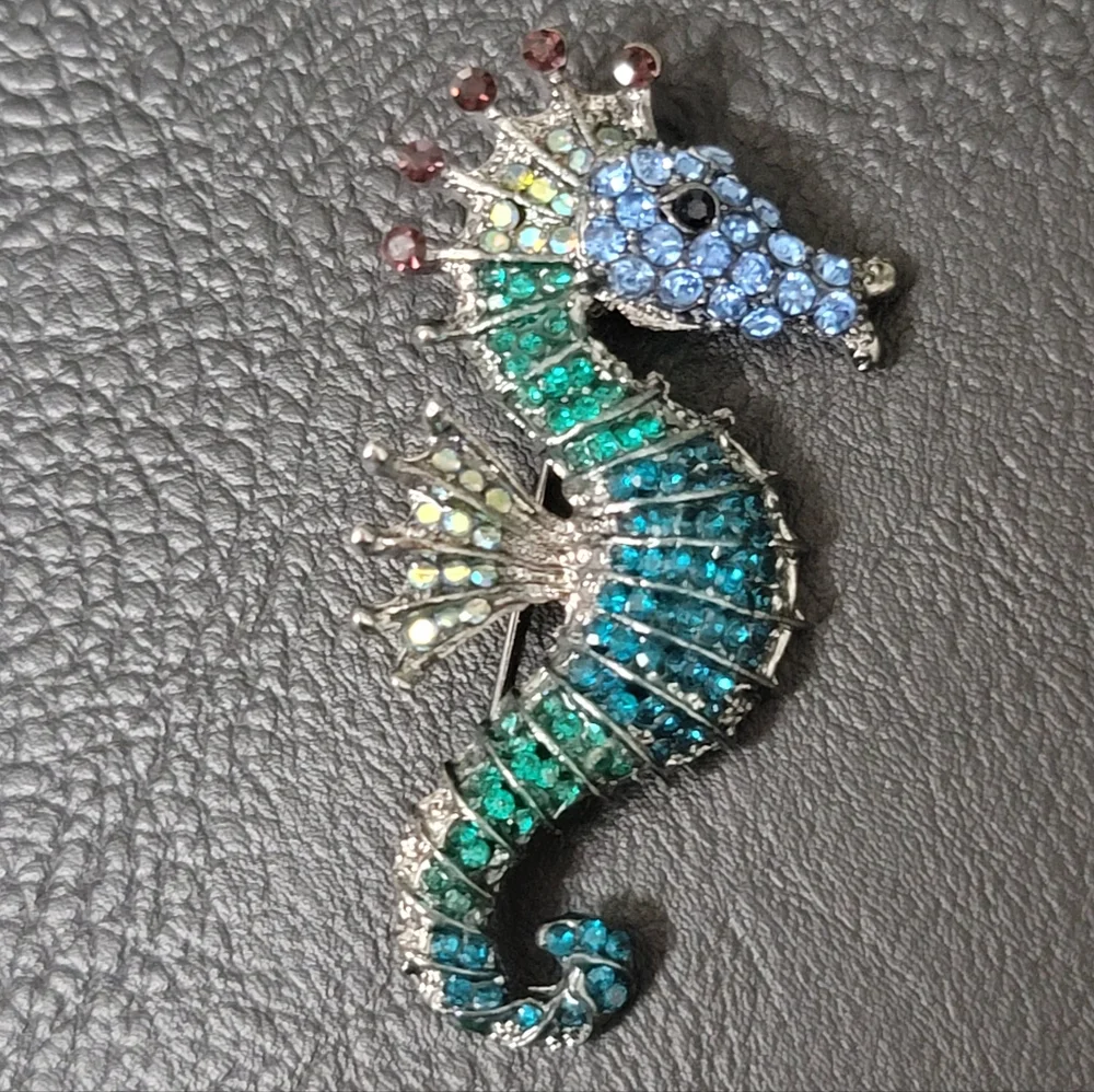 Beautiful Seahorse Brooch- Blue, Green, & AB Rhinestones - NWOT